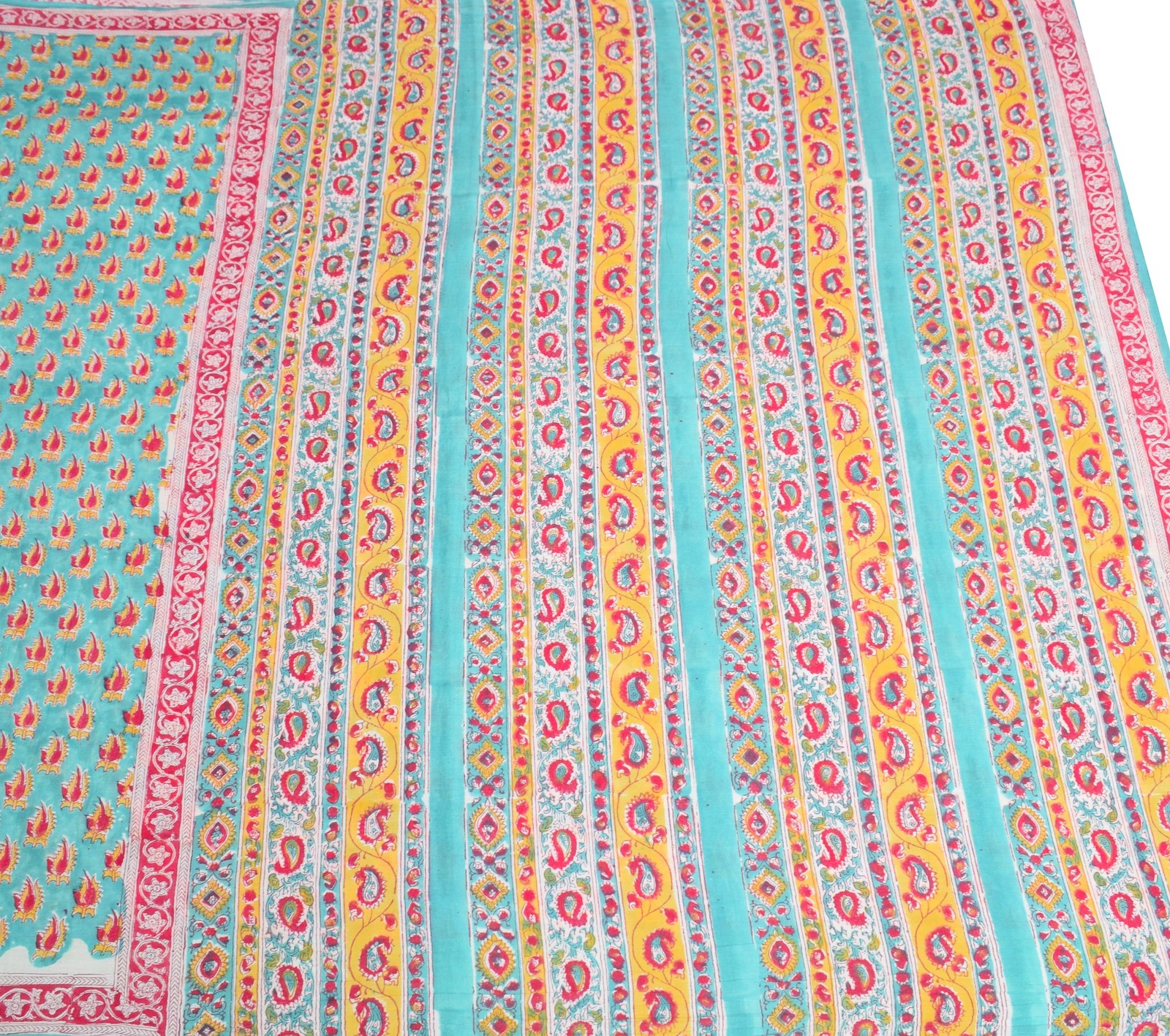 Sushila Vintage Hand Block Saree Pure Cotton Printed Aqua Blue Soft Craft Fabric