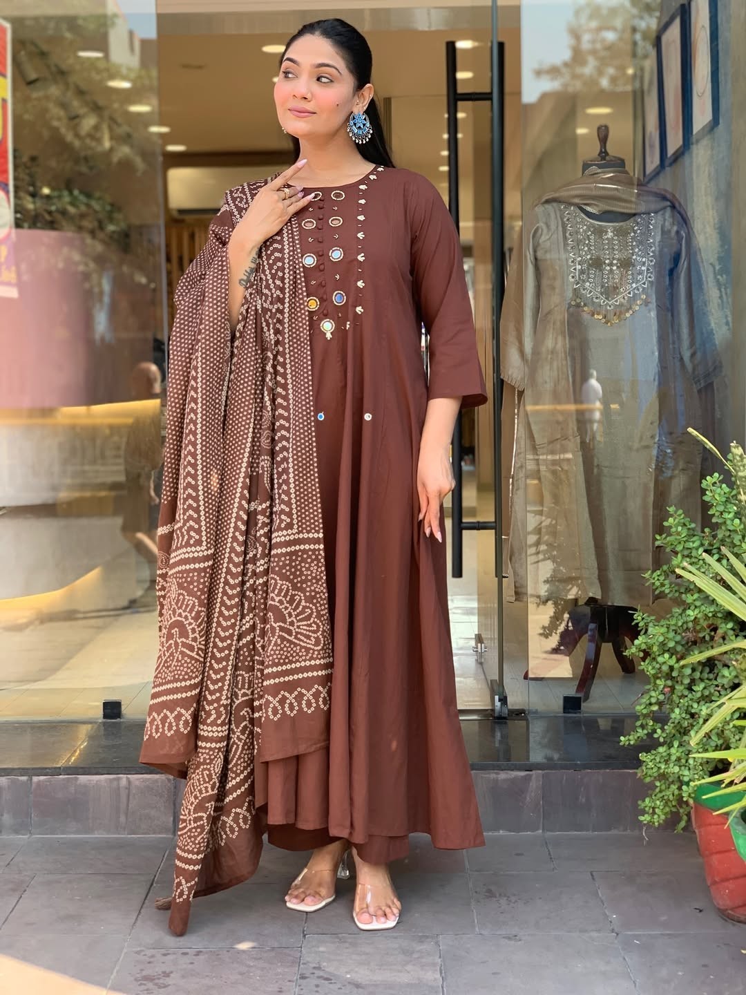 Women’s Brown Cotton Embroidered Kurta Set with Printed Dupatta Indian Suit
