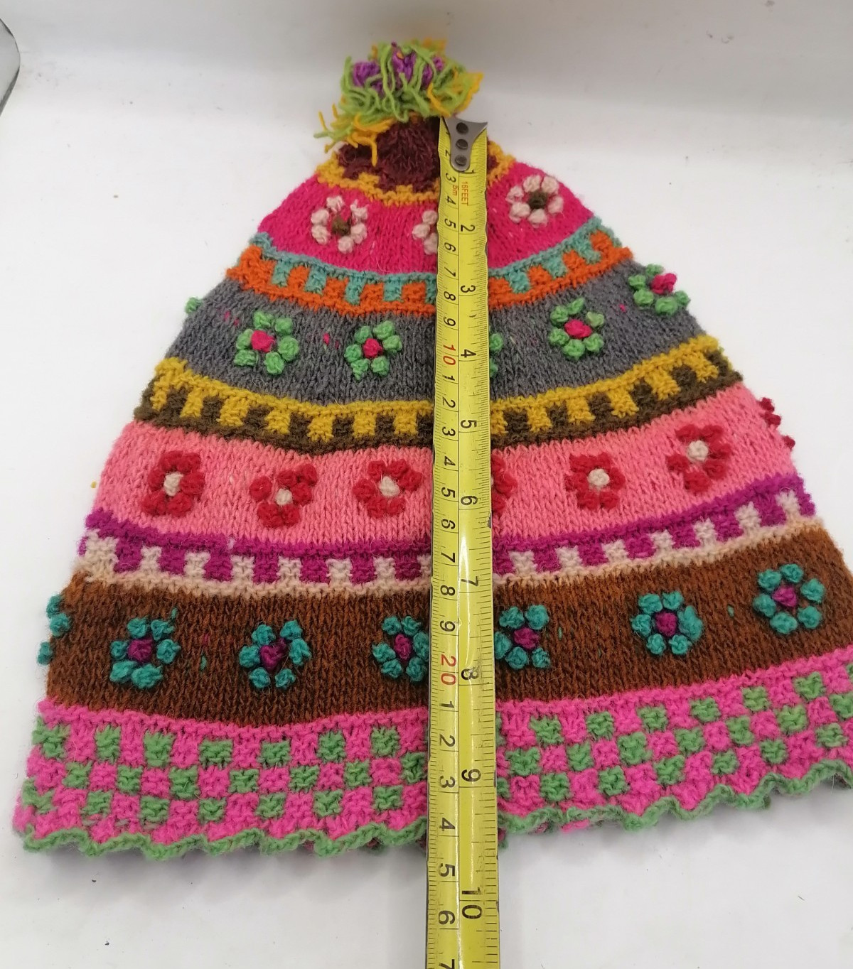 Unisex Chullo Knitted Sheep Wool Multicolored Flowers Cusco