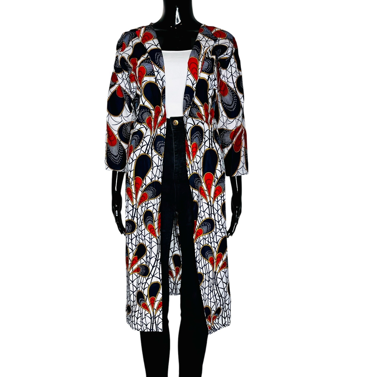 African Print Long White Women Blazer With Multicolor Prints
