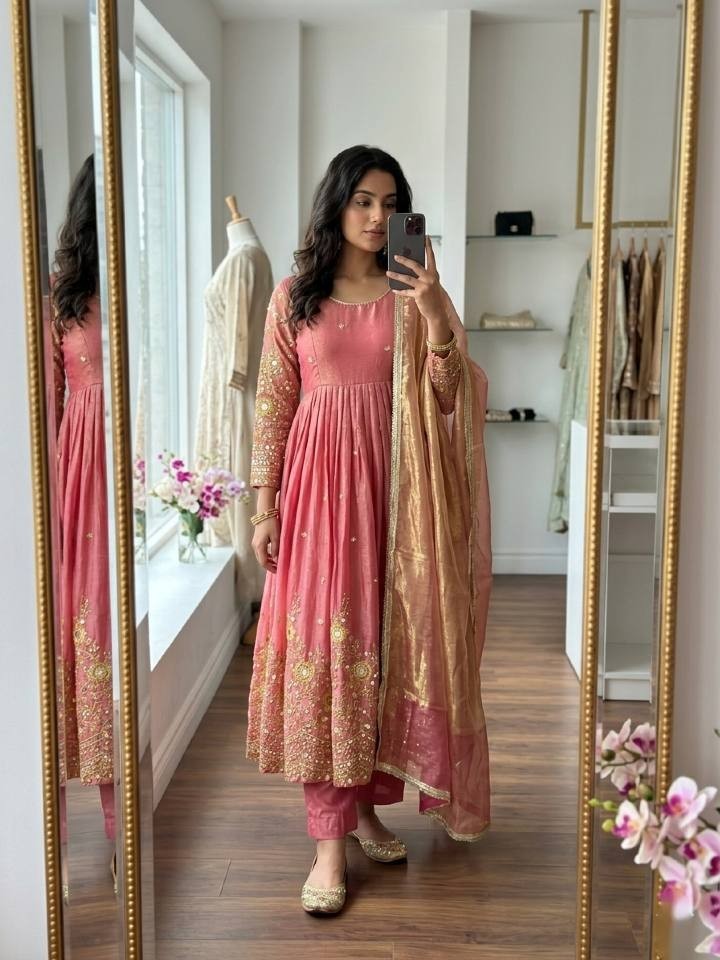 Ethnic Wear Heavy Satin Silk Pink Gown Bottom With Dupatta For Women & Girls
