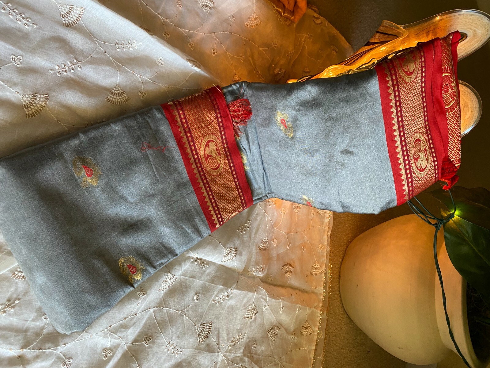 Indian Saree Grey + Red includes Blouse
