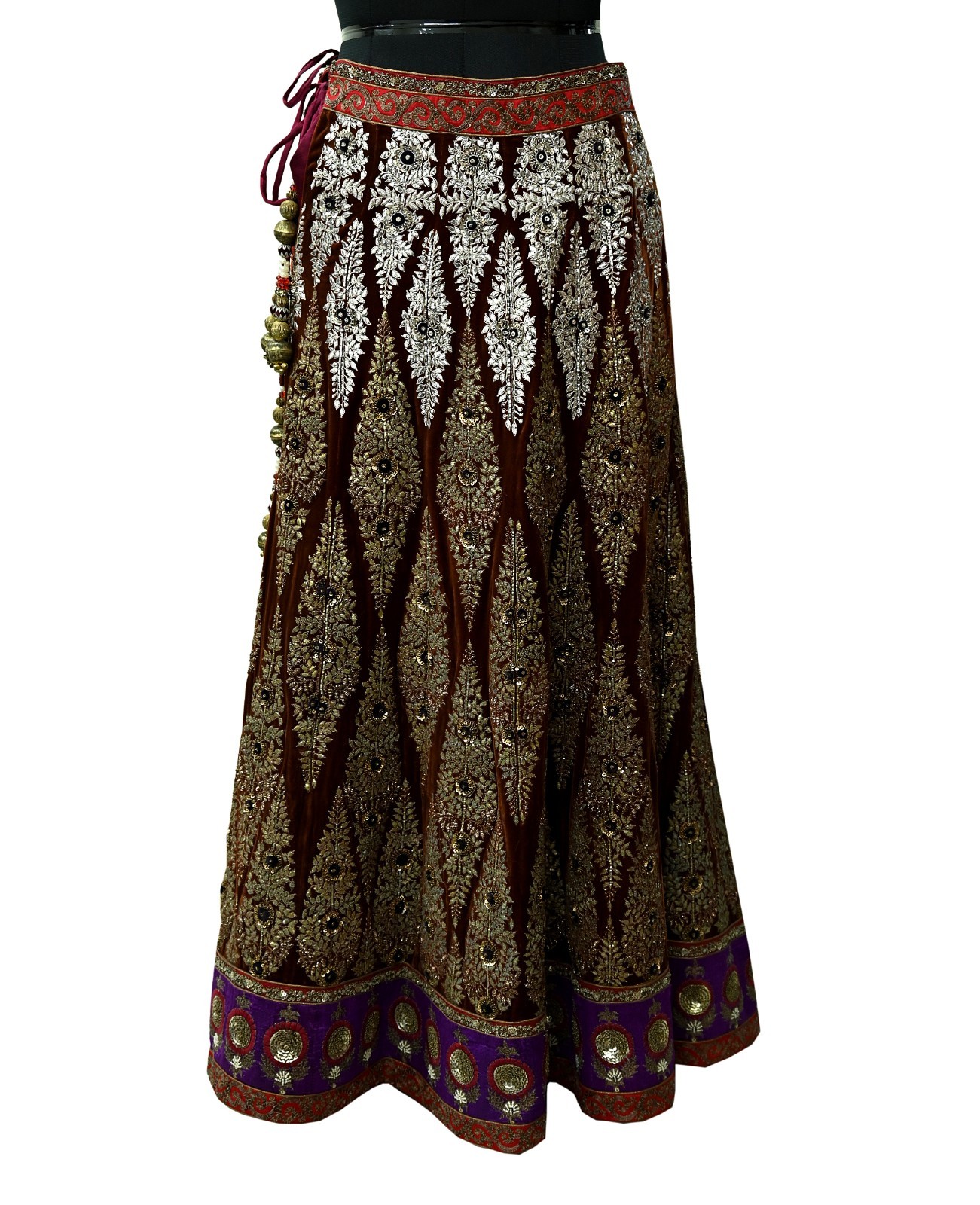 Indian Vintage Heavy Brown Velvet Hand Embroidered Brocade Designer Skirt