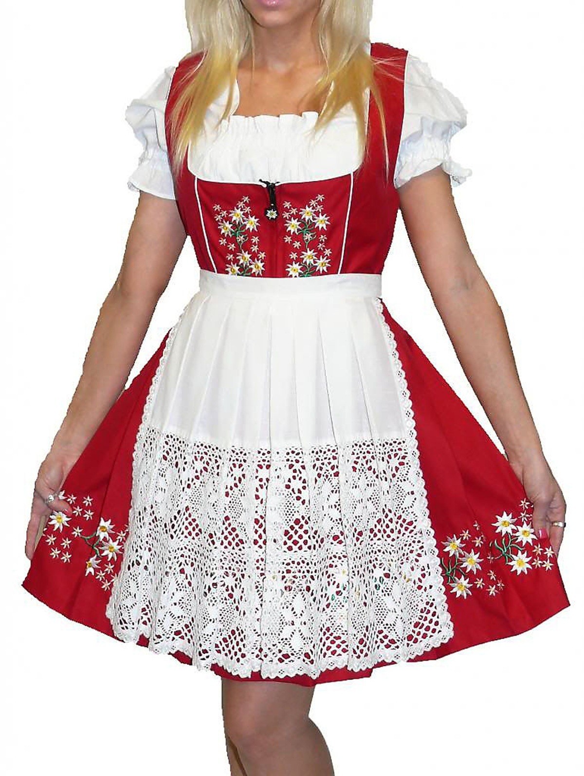 2XL 24 COTTON Short Red German Dirndl Dress EMBROIDERY Oktoberfest 3 Pieces