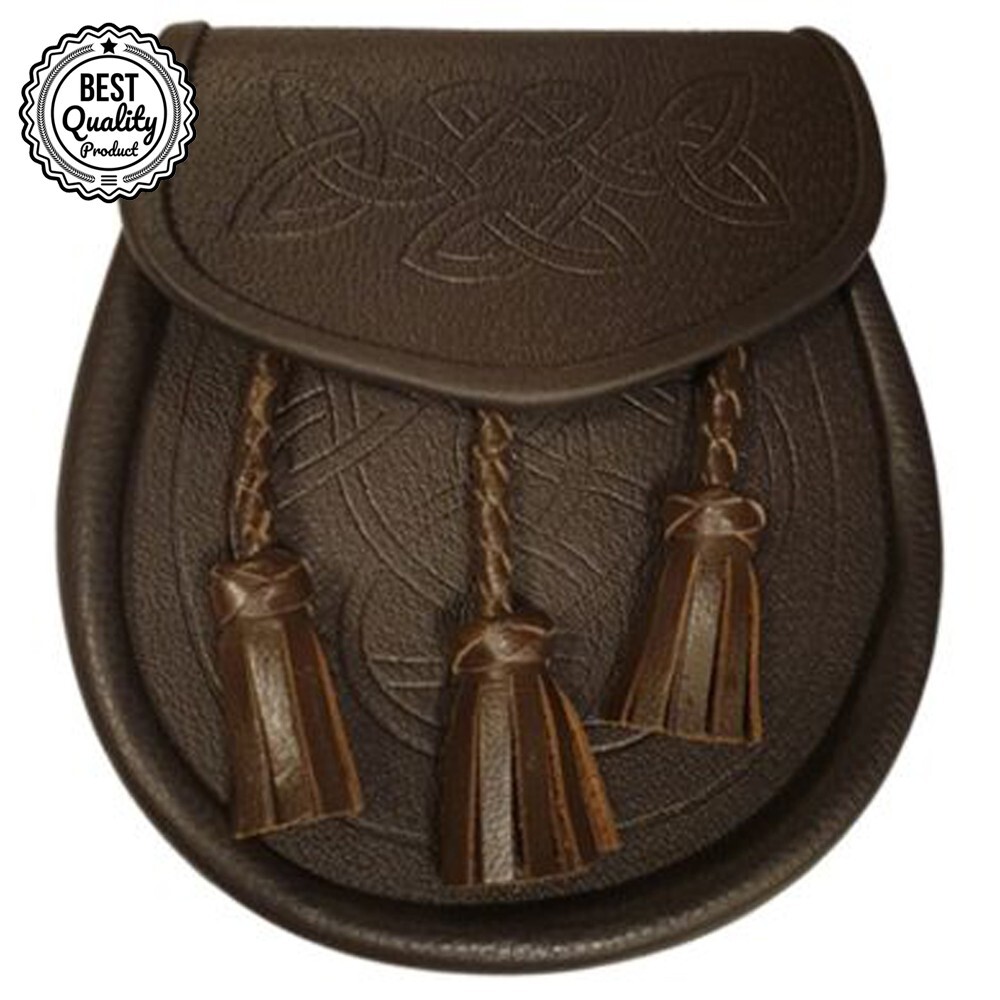 Brown Celtic Embossed Leather Kilt Sporran Traditional Scottish Dress Sporran