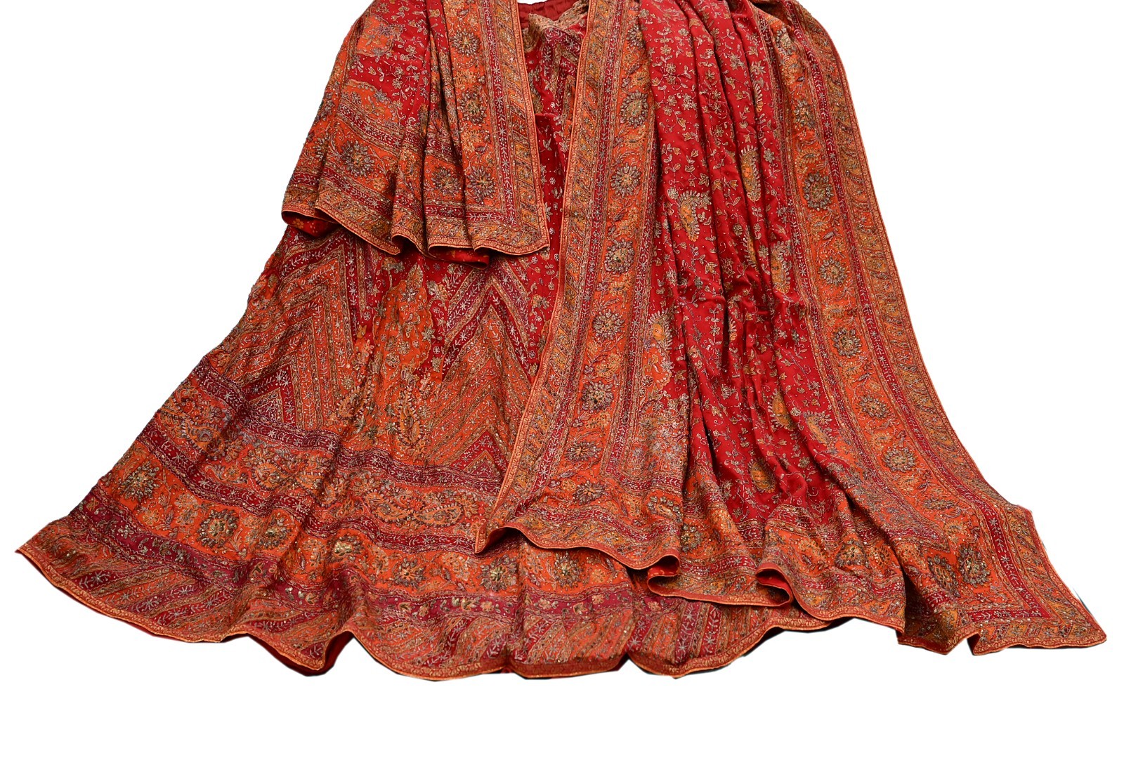 Pre-owned Orange Pure Silk Hand Embroidered Ritu Kumar Designer Lehenga 3pcs set