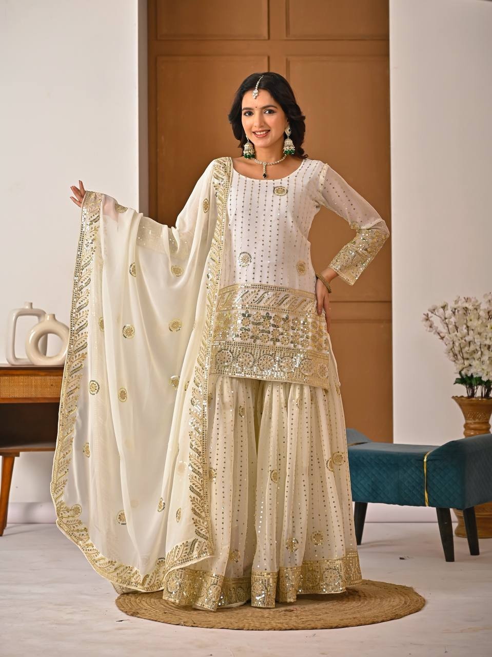 Latest White Faux Georgette Palazzo Suit With Dupatta For Wedding Wear