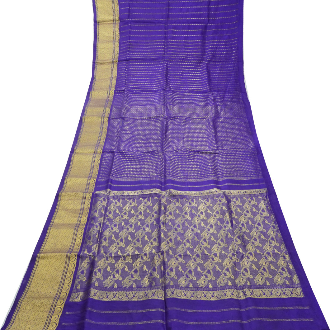 Vintage Blue 100% Pure Silk Sarees Full Zari Handwoven Brocade Big Border Sari
