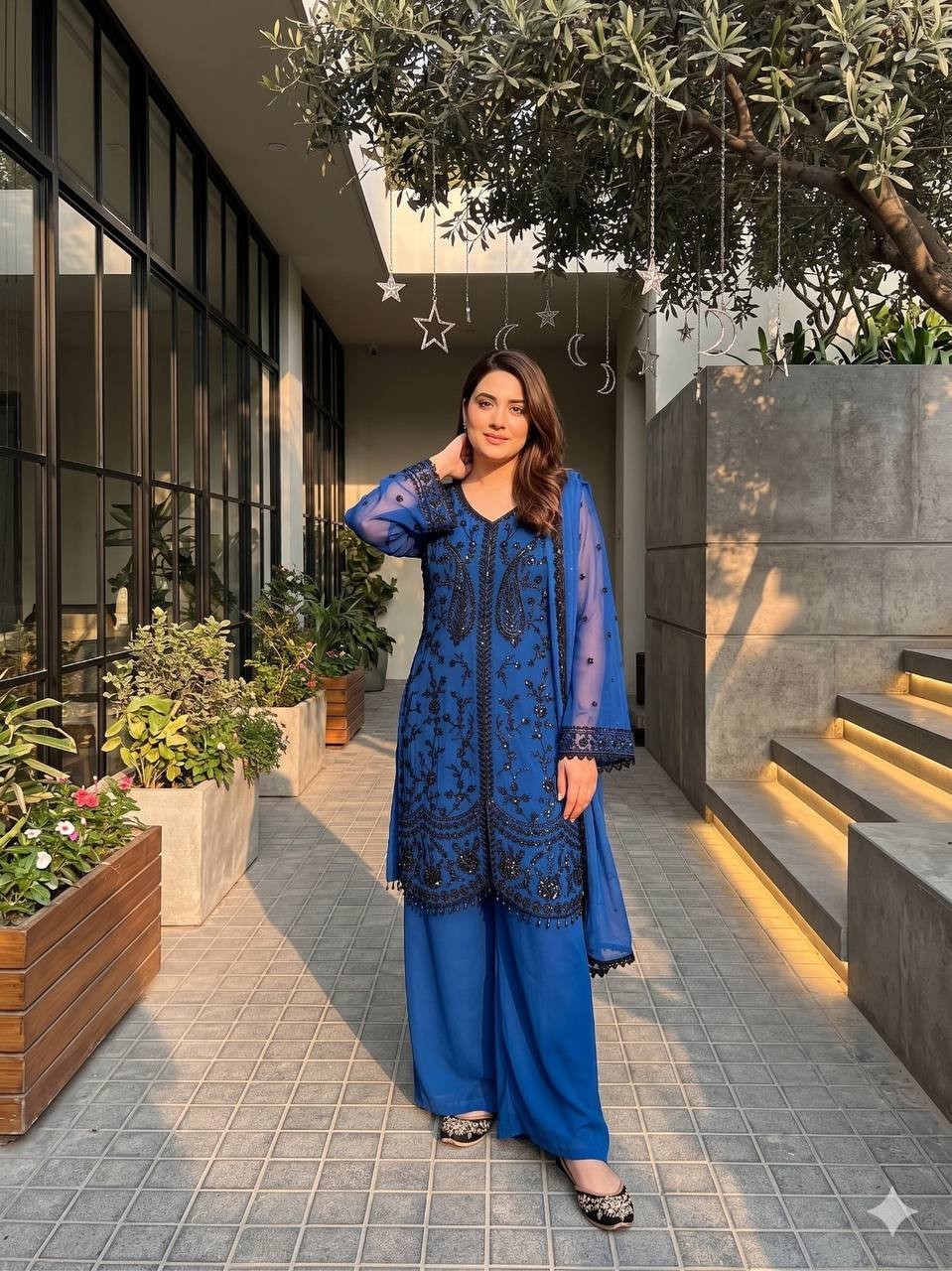 Stylish Look Faux Georgette Blue Top Palazzo With Dupatta For Festival Wear