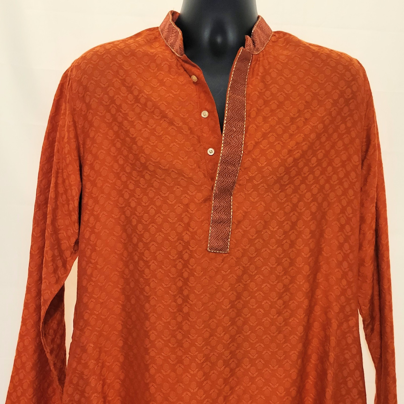 NWT Indus Route Men’s Rust Orange Long Kurta Tunic Mandarin Collar Size Medium