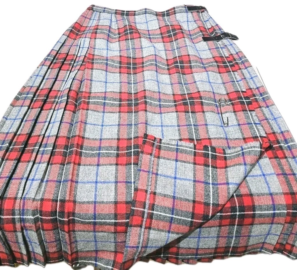 ARCHIE BROWN & SON-Womens Gray/Red Plaid Wool, Pleat Adjust. Scottish Kilt-(12)