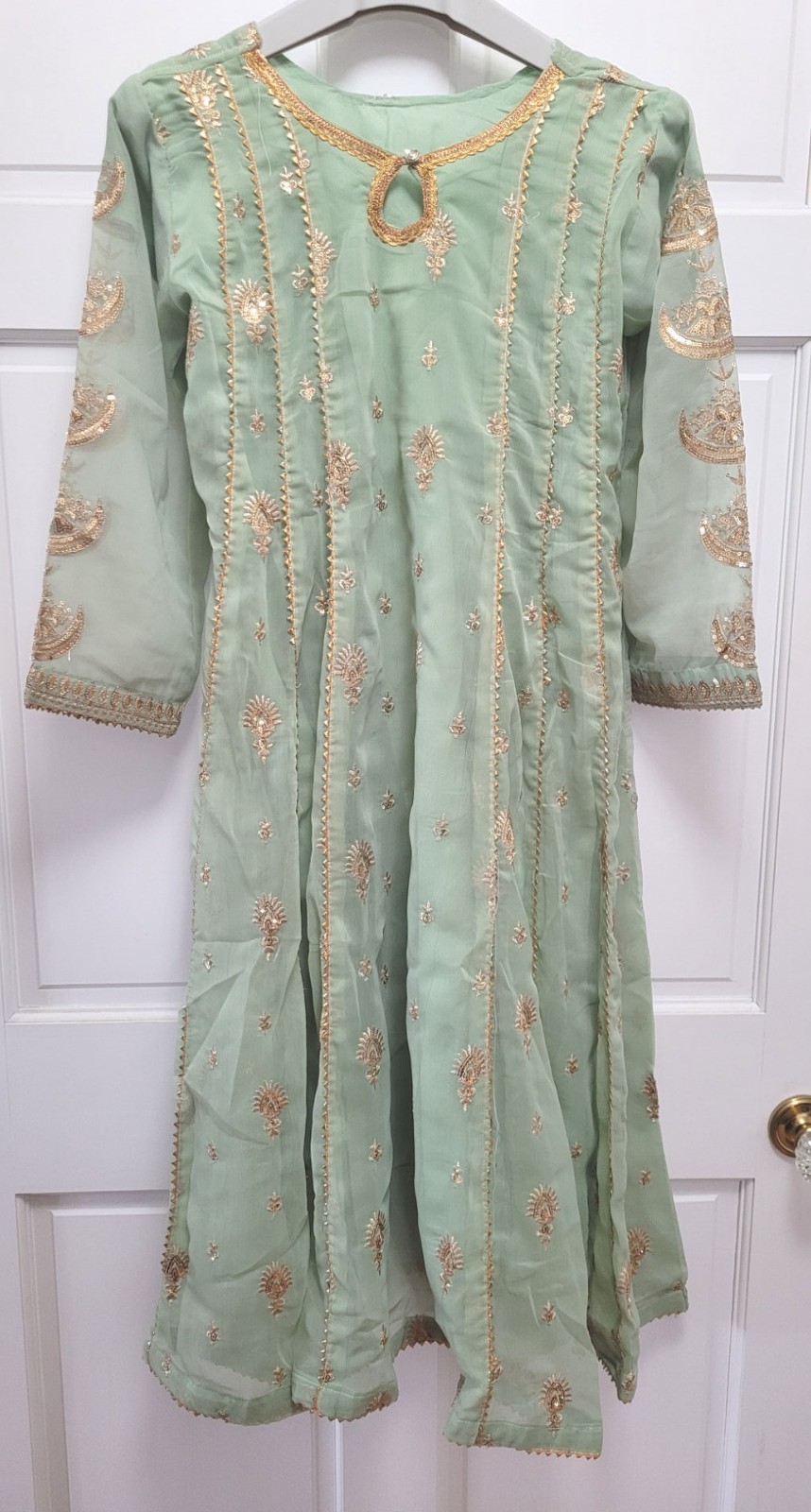 3pc Embroidered Sequin Cotton Chiffon Salwar Kameez & Dupatta – Mint Green – S