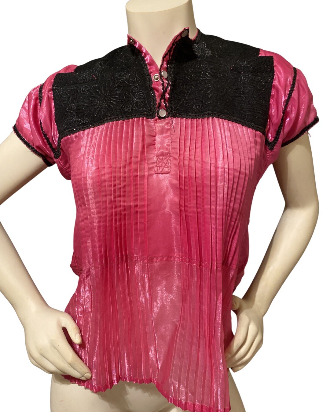 Mexican Mayan Blouse Pink Satin San Juan Chamula Chiapas Woven Yoke + Pleats