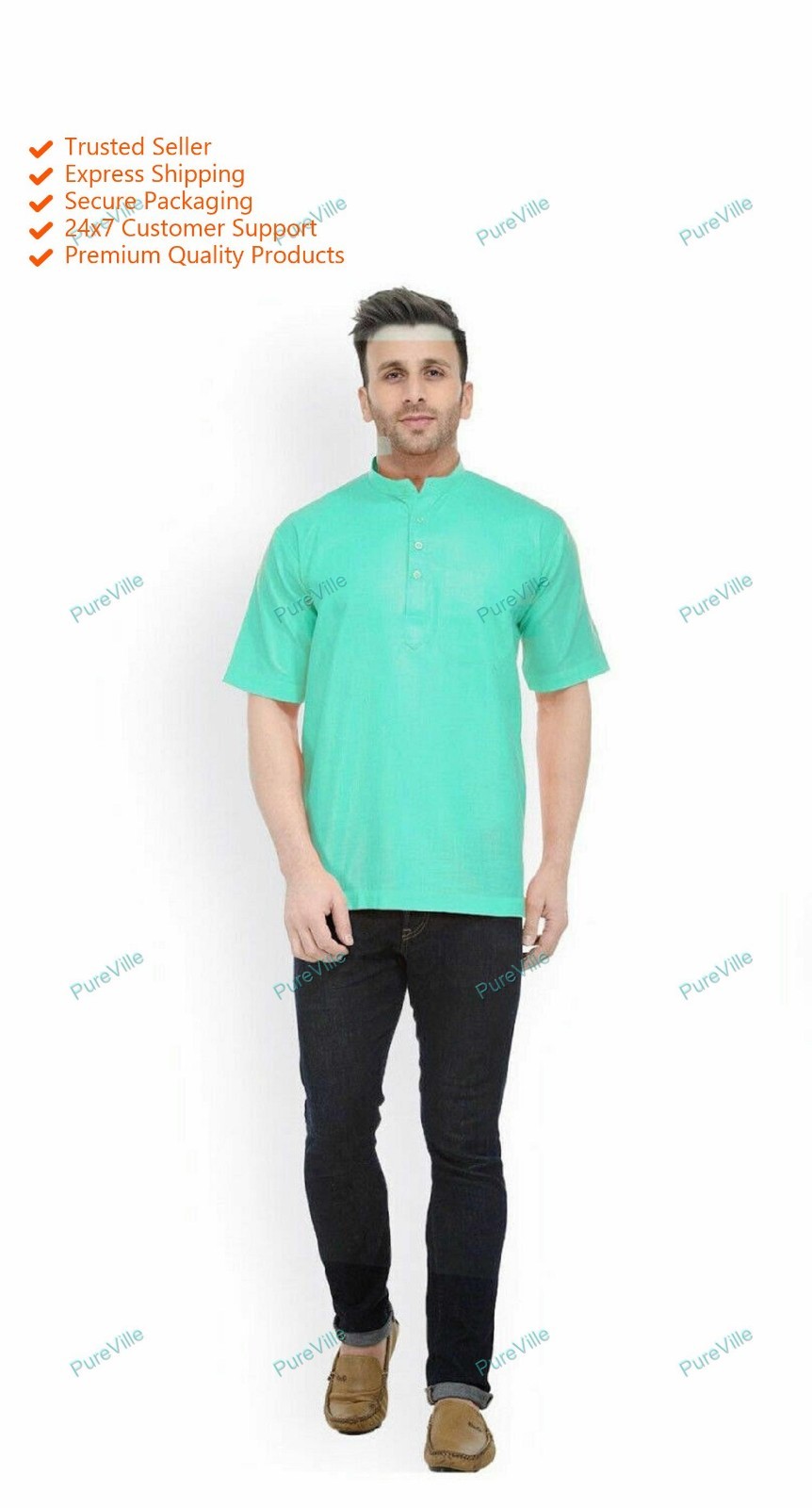 Mens Kurta Indian Button Down Shirt Kurta Solid Tunic Cotton Big Tall half Sleev