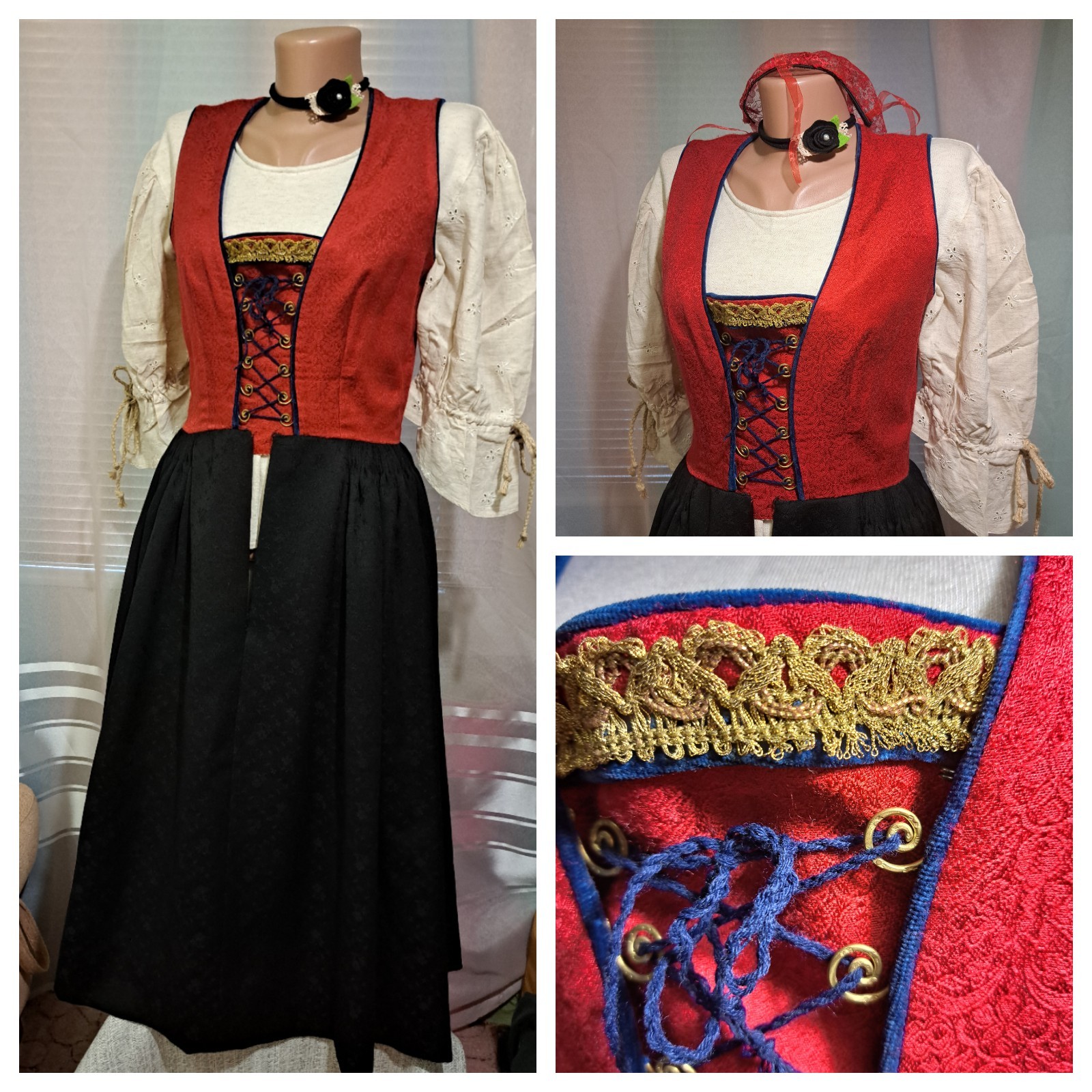 Vtg 1960s Bavarian Dirndl Dress & Blouse Set Wool Jacquard Red Black Oktoberfest