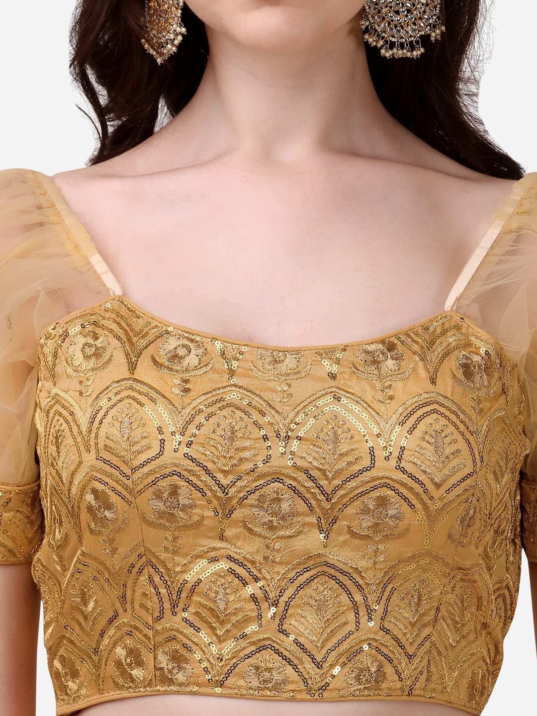 Womens Readymade Net Fabrics Round Neck Puff Sleeve Blouse