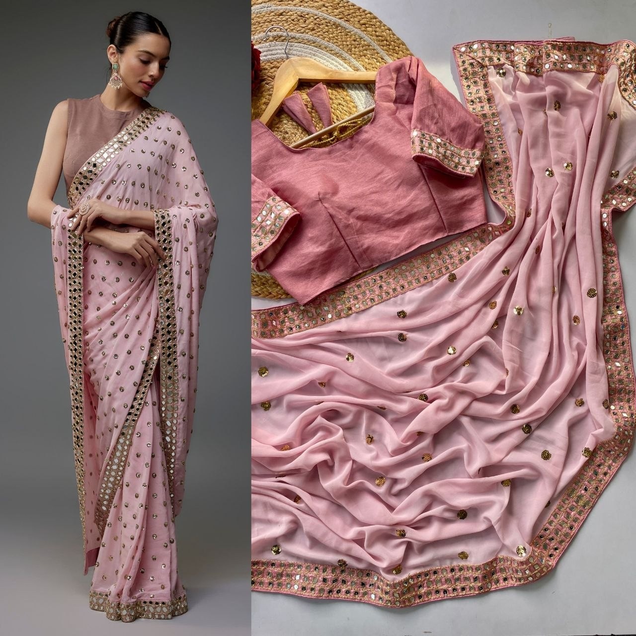 Bollywood Sequin Saree Georgette Heavy Party Wear Wedding Banglori Silk Blouse