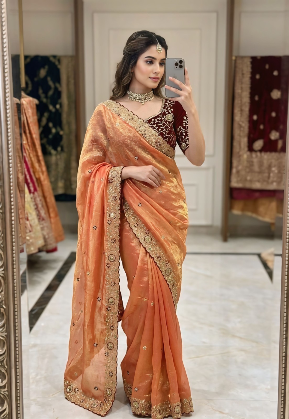 Orange Organza Silk Saree Embroidered Party Wear Designer Blouse Women Peach