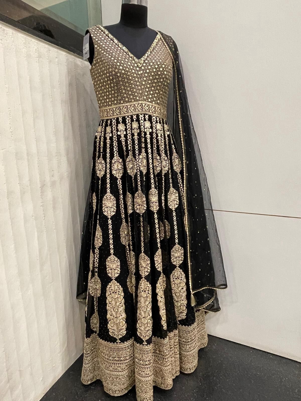Women Stitched Long Gown with dupatta Black with gold sequin work short sleeves