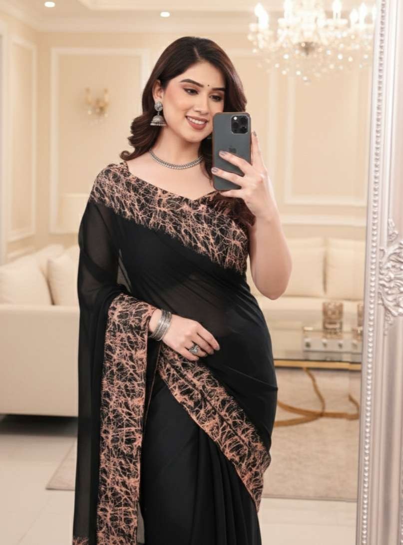 Owee Printed Bollywood Chiffon, Georgette Saree with Unstitched Blouse (Black)