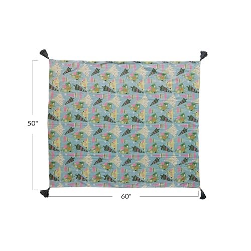 Cotton Slub Throw with Christmas Trees and Tassels, Multicolor