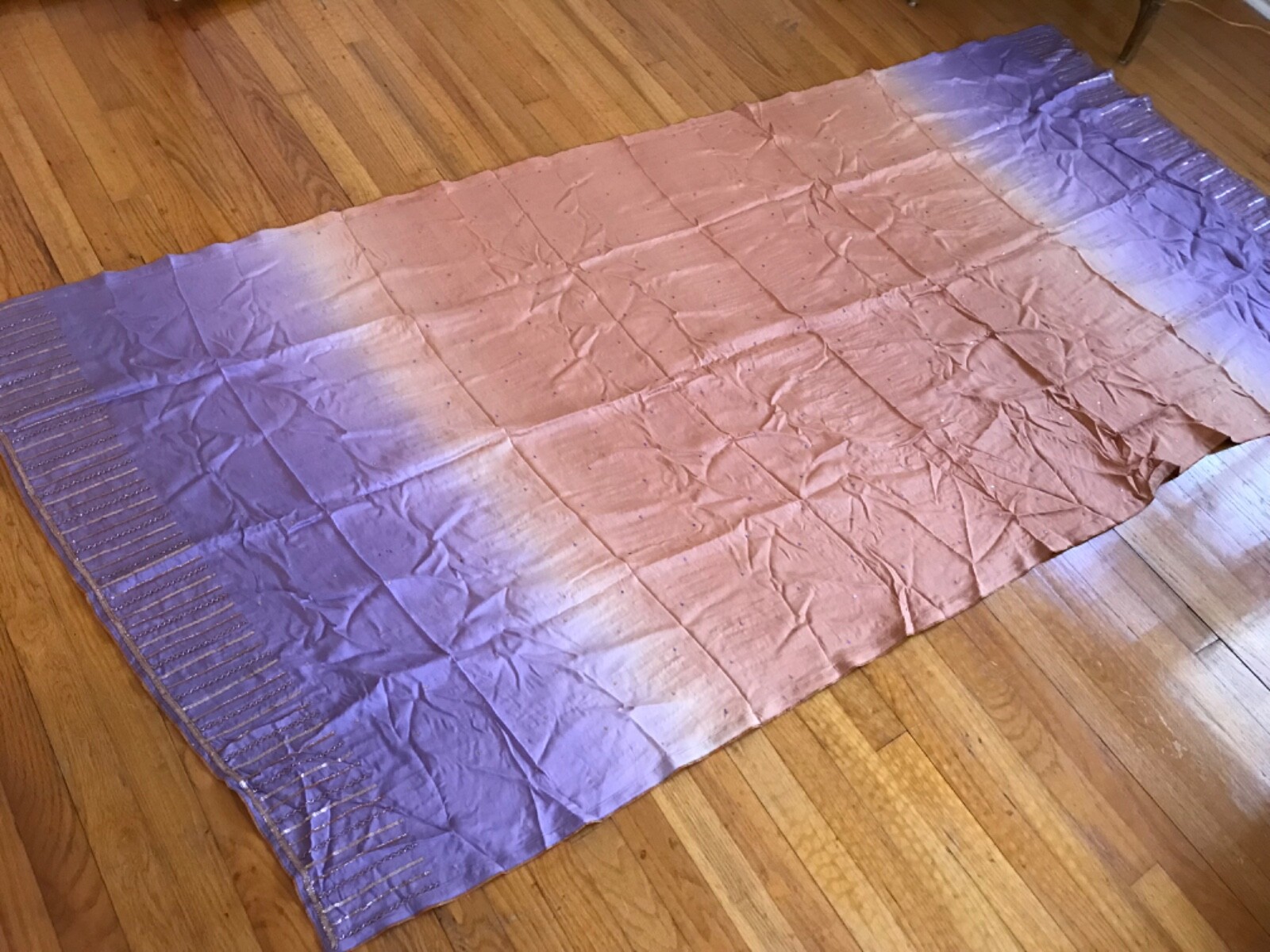 Vintage lavender/peach Pure Silk Sari thread shawl sequins 42 x 92” estate find