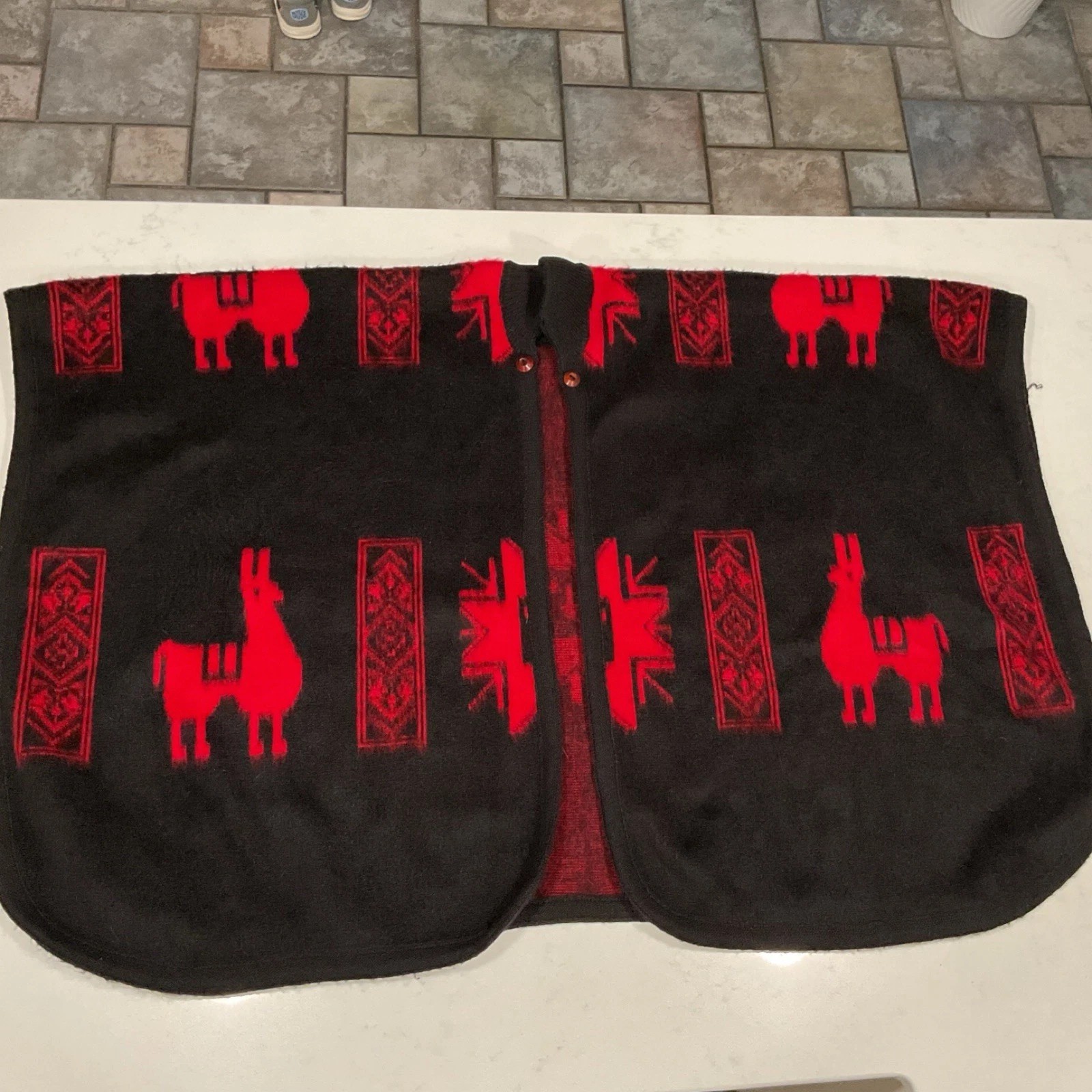 Handmade Black and Red Wool Poncho Latin American Andean Llama Motifs One Size