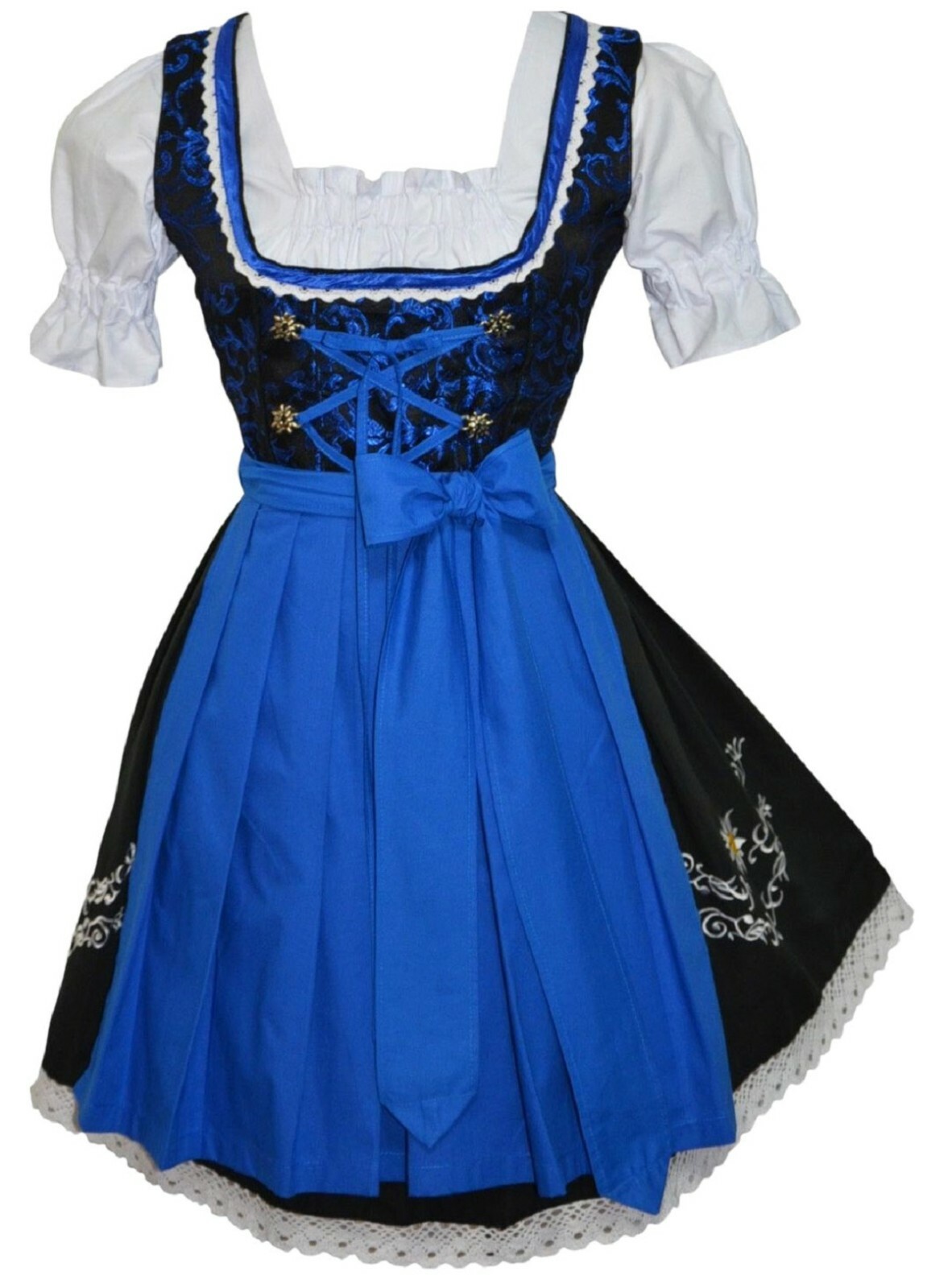 S 8 Short Dirndl German Oktoberfest Dress Party Swing Blue EMBROIDERED 3 Pc Set