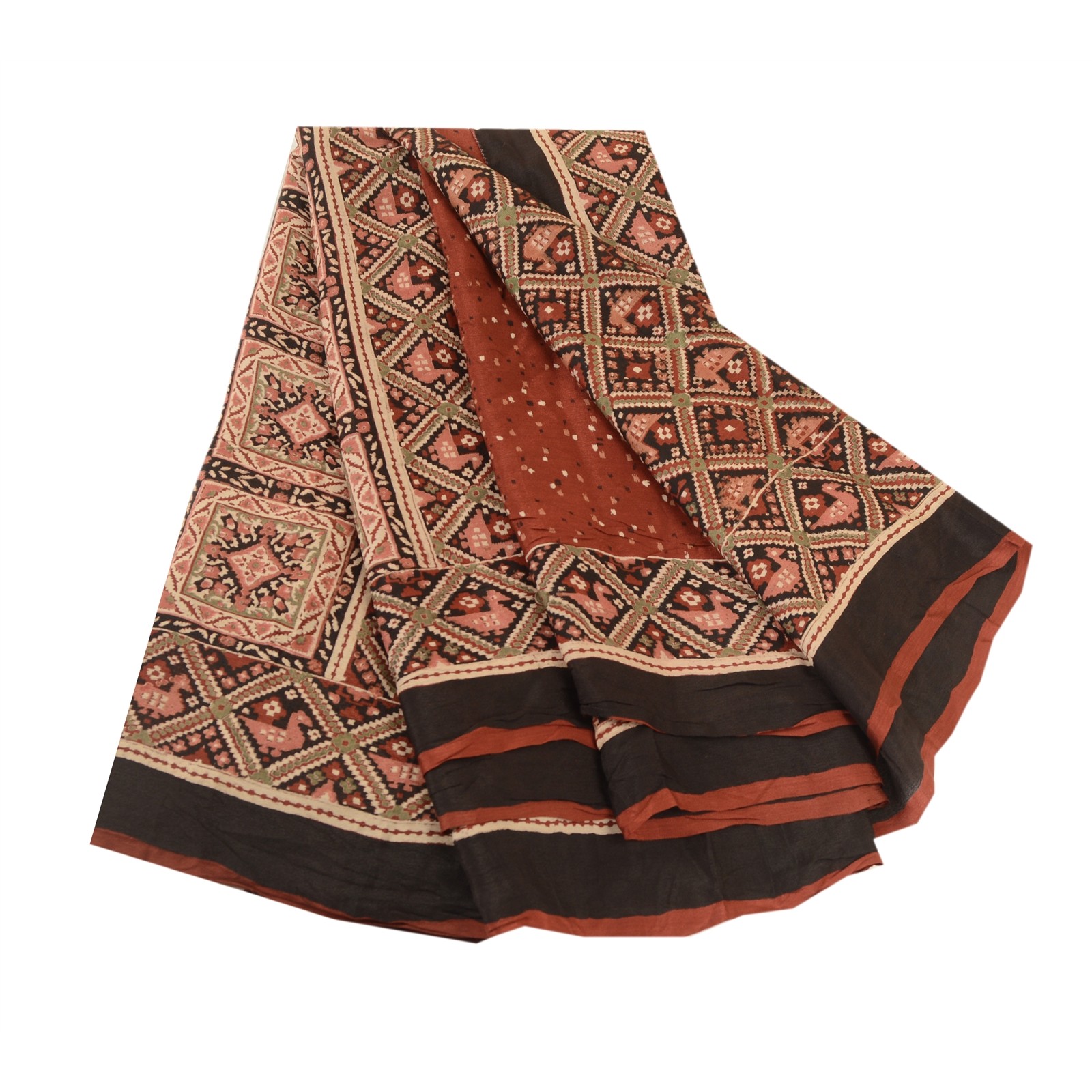 Sanskriti Vintage Sarees Coffee-Brown Animal Print Pure Silk Sari 6 Yard Fabric