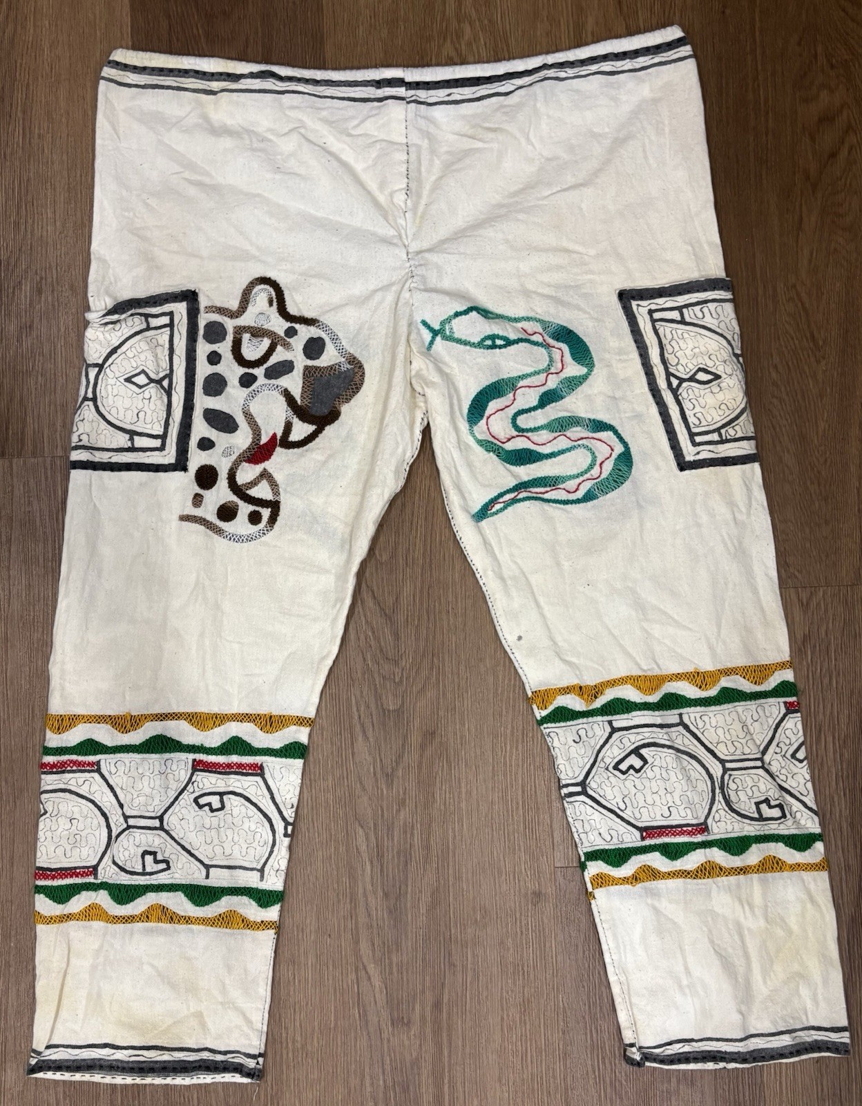 Peruvian Shipibo Conibo Style Handmade Embroidered Jaguar Snake Drawstring Pants