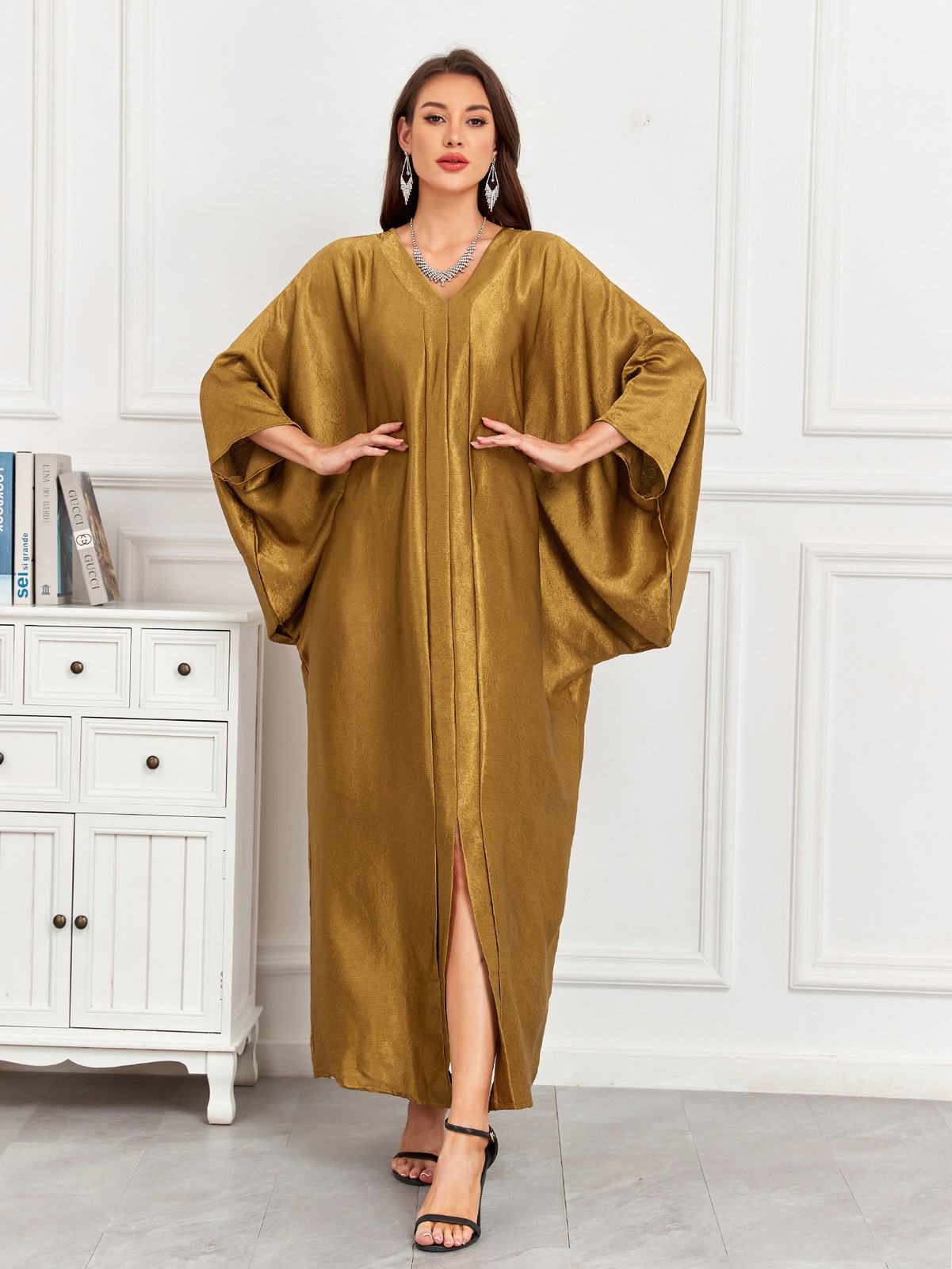 Women Batwing Sleeves Abaya Muslim Loose Solid Color Ramadan Beach Travel Robes