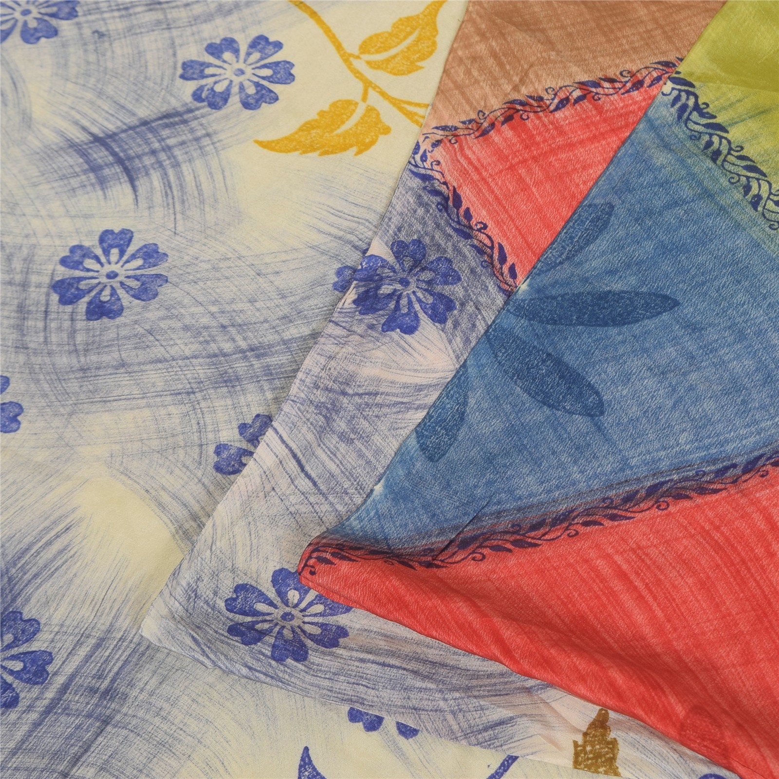 Sanskriti Vintage Saree Multicolor Pure Crepe Silk Print Sari 5.5Yd Craft Fabric