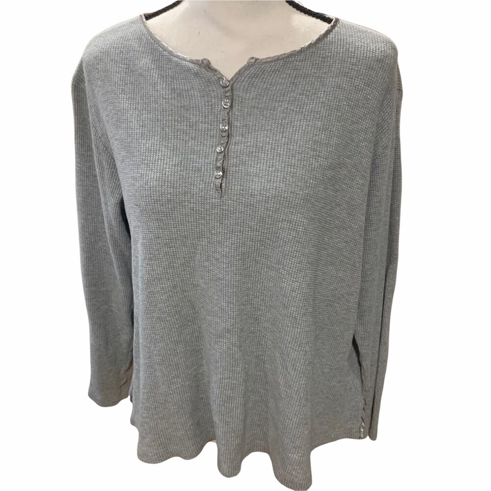 Quacker Factory Ribbed Cotton Henley Top Shiny Buttons