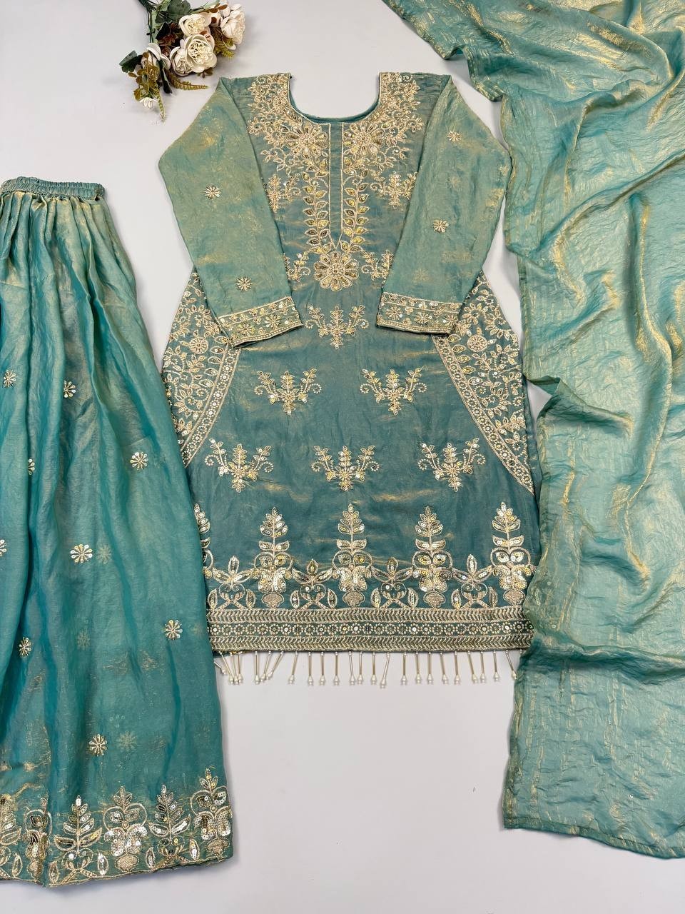 Designer Pakistani Readymade Silk Sharara Suit Embroidery Dupatta Set