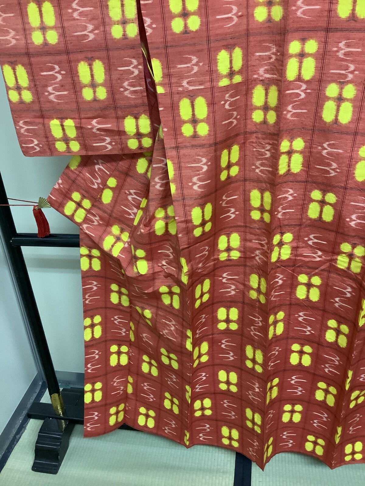 Japanese Vintage Kimono Pure Silk red Tumugi Expensive Dirt Height 62.99in