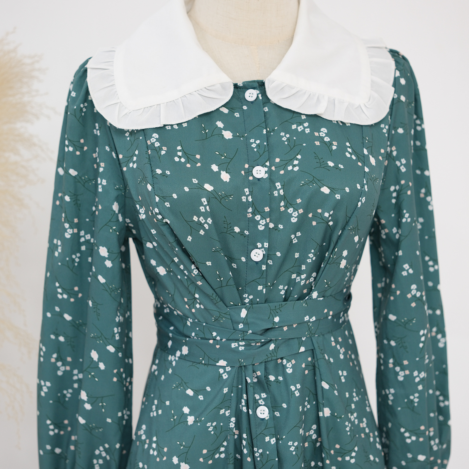 Women Green Print Dress Doll Neck High Waist Muslim Robe Ladies Dubai Party Gown