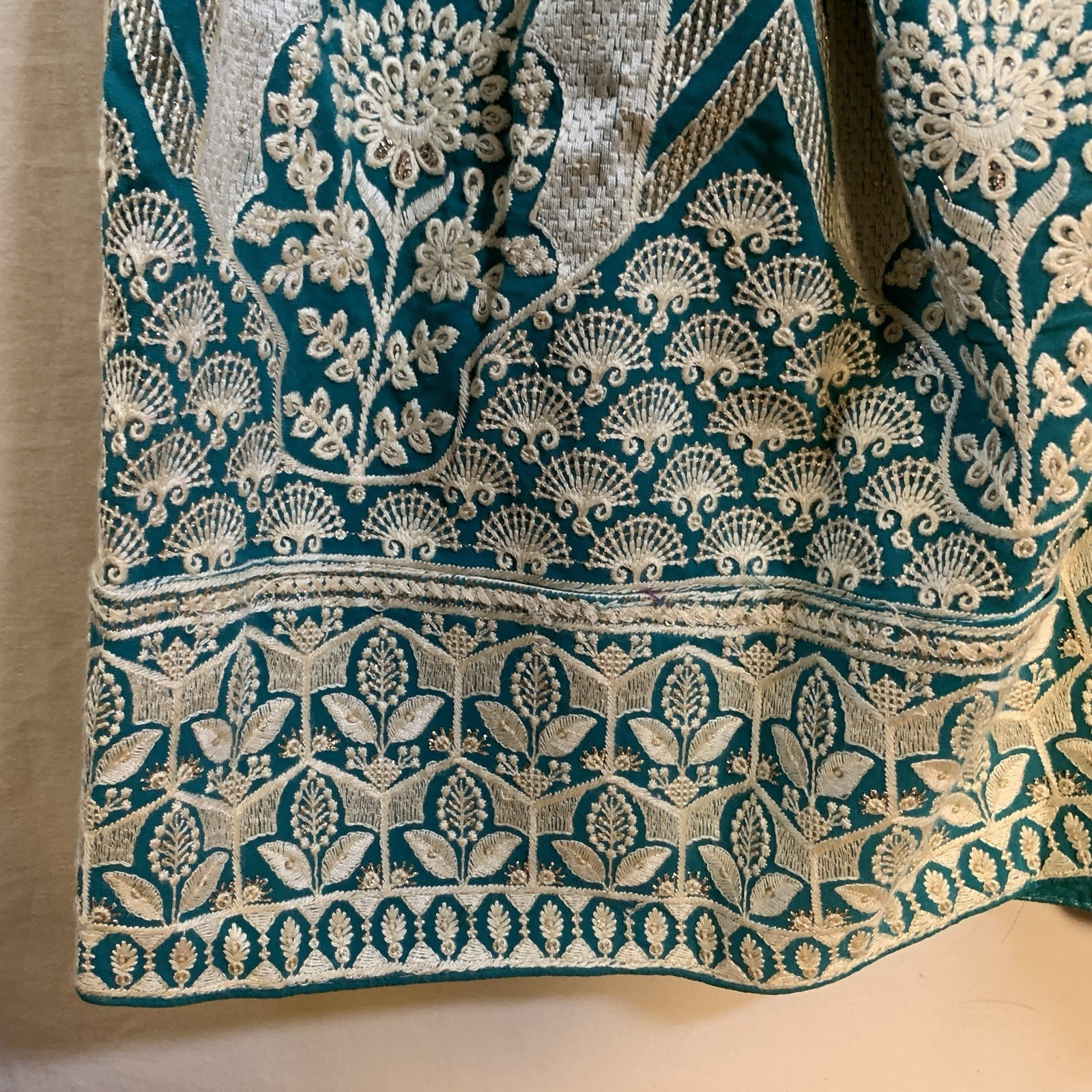Indian size Small Teal Silver Embroidered Duster Coat Maxi Jacket Chevron Boho