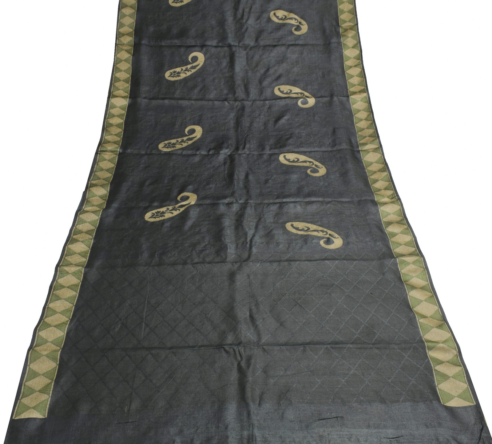Sushila Vintage Black Saree with Green Border Pure Tussar Silk Woven Sari Fabric