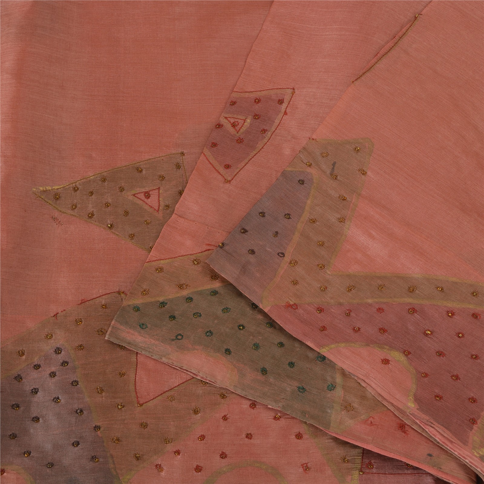 Sanskriti Vintage Peach Sarees 100% Pure Silk Hand Beaded Craft 5 Yd Fabric Sari
