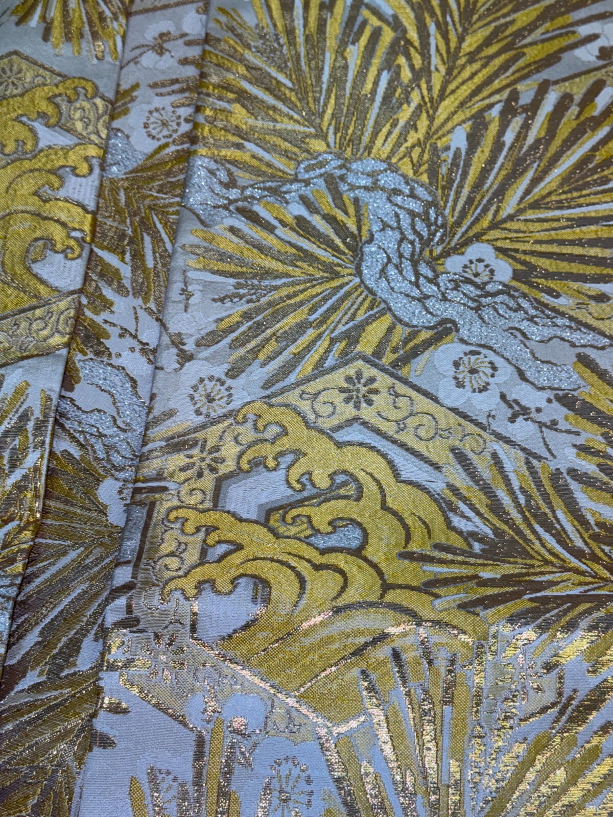 Japanese Vintage Kimono Maru Obi silk Gold Embroidery Reversible 153.5×11.8in