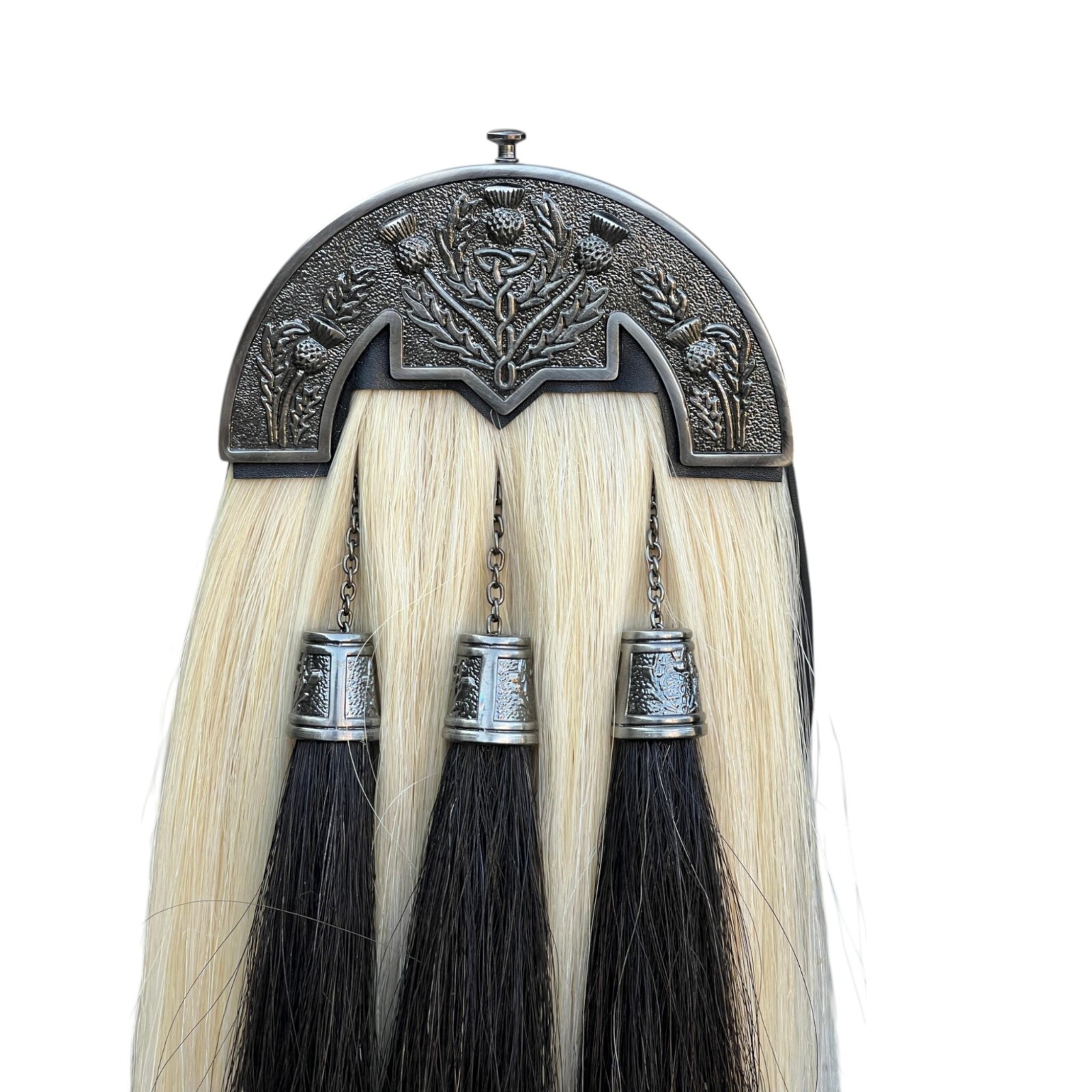 Scottish Horse Hair White Sporran Three Black Tassels Sporran With Chain & Belt