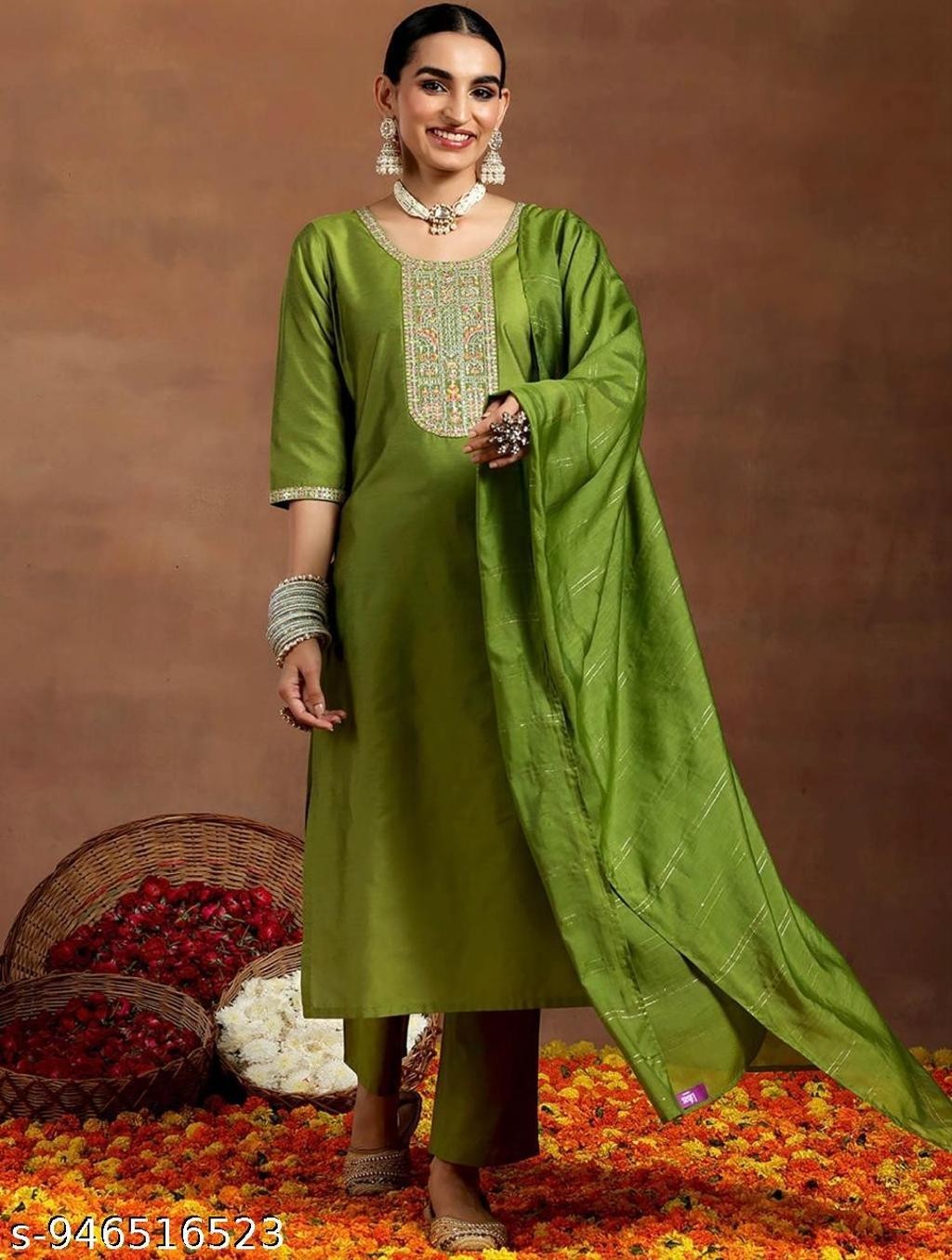 Bollywood Indian Green Rayon Slub Embroide Kurta Pant Dupatta Readymade Suit A22