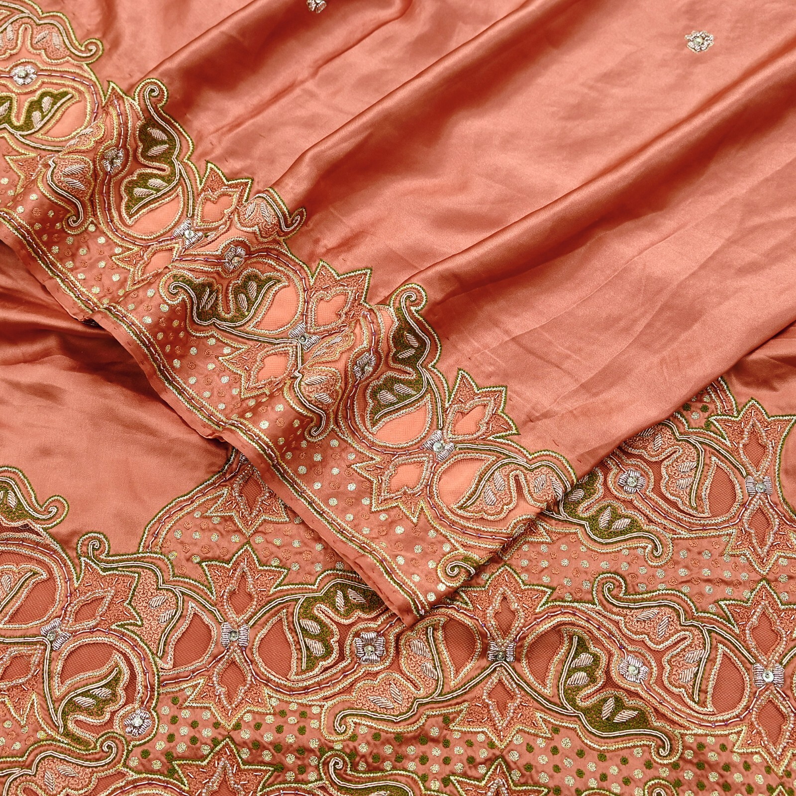 Vintage Heavy Peach Sari Hand Embroidered Saree Pure Satin Silk 5yd Ethnic Dabka