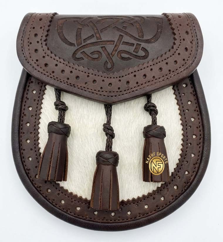 Men’s Scottish Sporran Brown Leather White Fur Highland Kilt Accessory