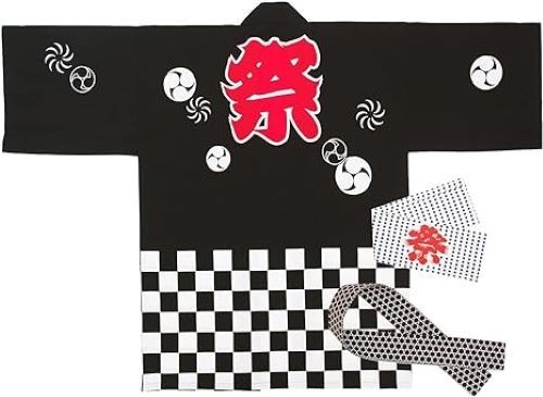 Matsuri Happi Coat Black 3pcs. Set Japanese Festival Kimono Jacket M/L UNISEX