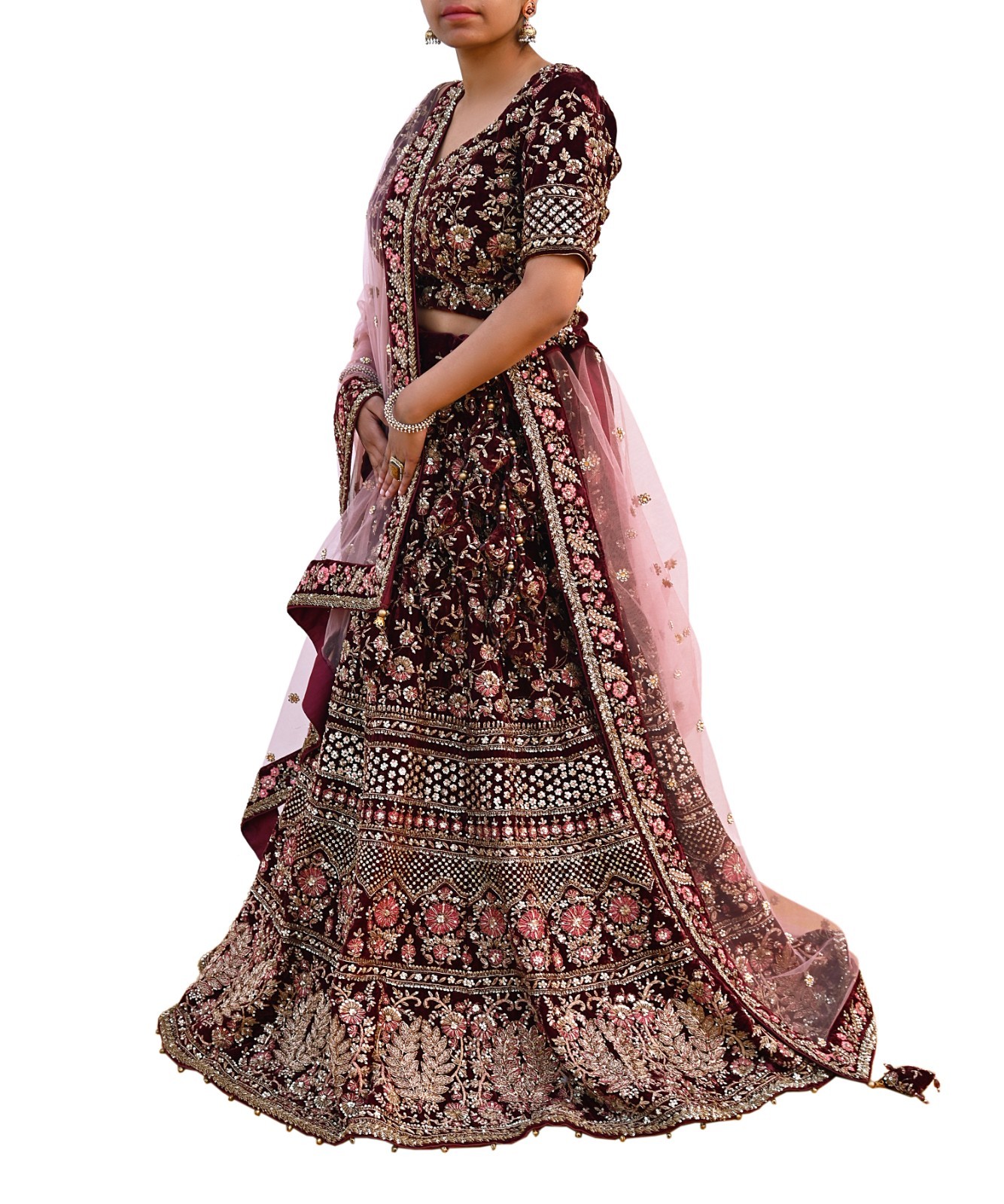 Indian Heavy maroon & pink Net/velvet Hand Embroidered Designer Lehenga 3pcs Set