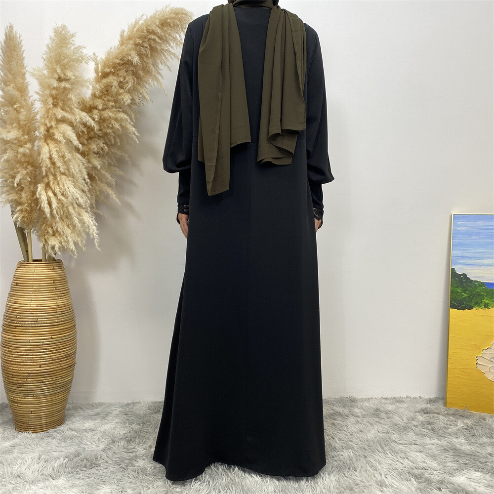 Women Loose Robe Muslim Dress Kaftan Solid Color Lace Sleeve Abaya Simple Burqa