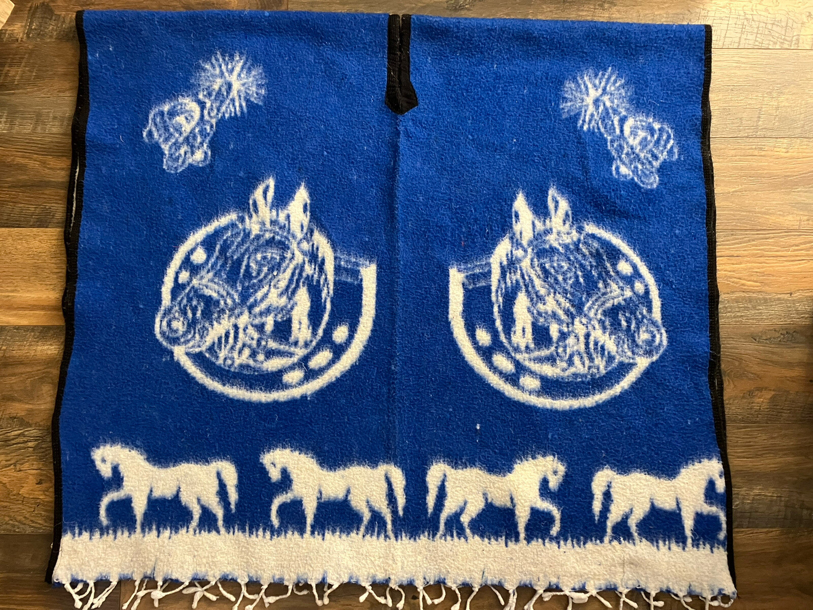 Frank’s Textiles Acrylic Adult Poncho Horse Design Made Mexico Blue Reversible