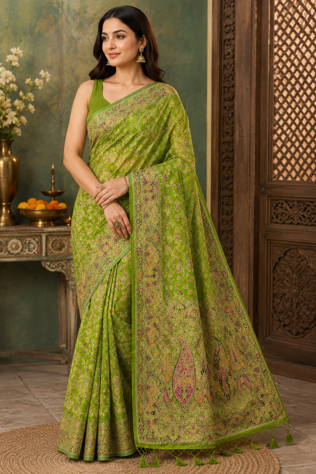 Green Pashmina Silk Saree, Kashmiri Floral Woven, Paisley Border, Festive Ethnic