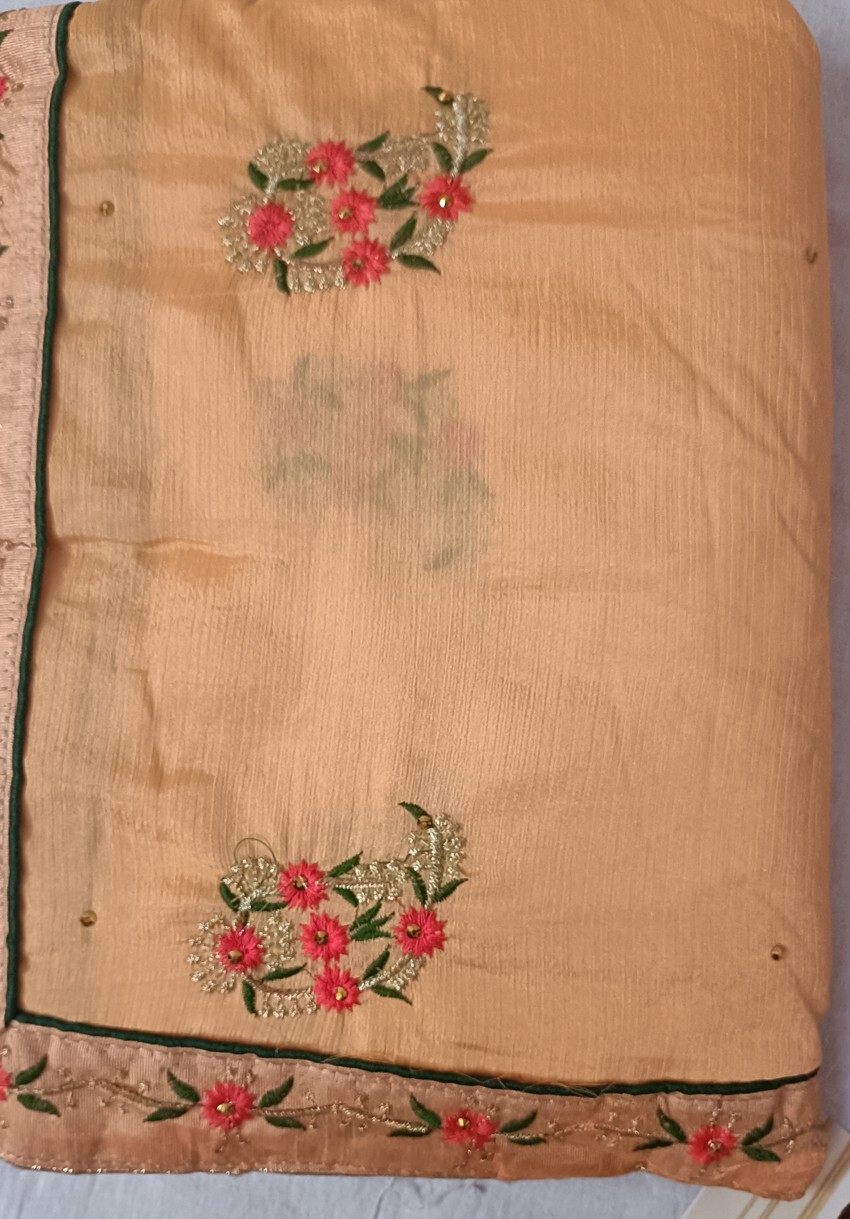 Beautiful Silk Yellow Red Golden Color All Embroidery Flower Anniversary Saree